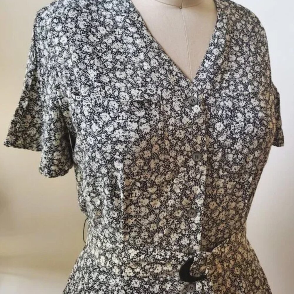 90's Liz Claiborne Black & White Floral Calico Botanical Print Midi Dress 10